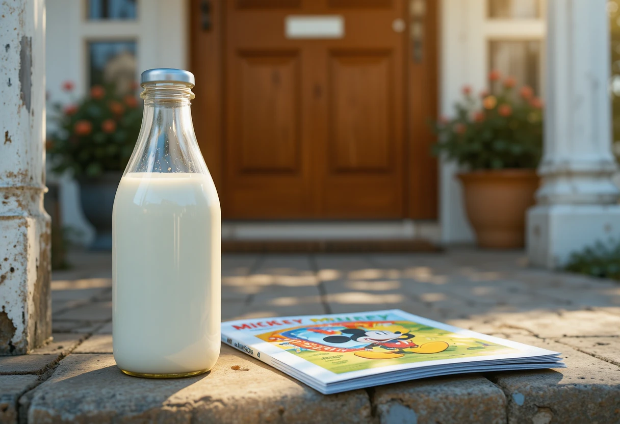 Milchflasche und Kindermagazin auf einer sonnigen Haustürstufe