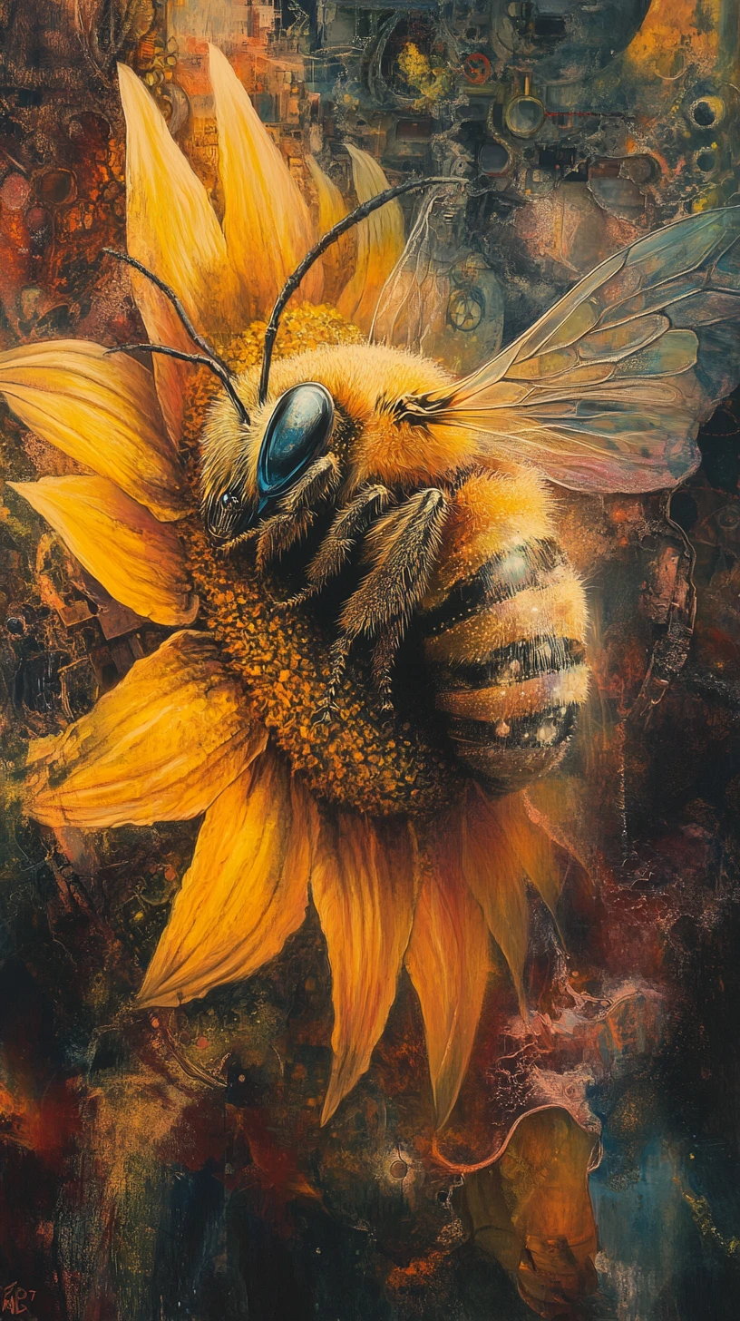 Psychedelic bee on sunflower in surreal abstract colors
