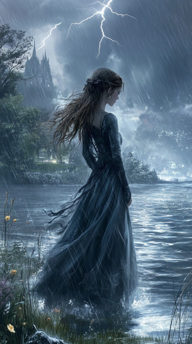 Jeune fille fantastique au bord d’un lac orageux