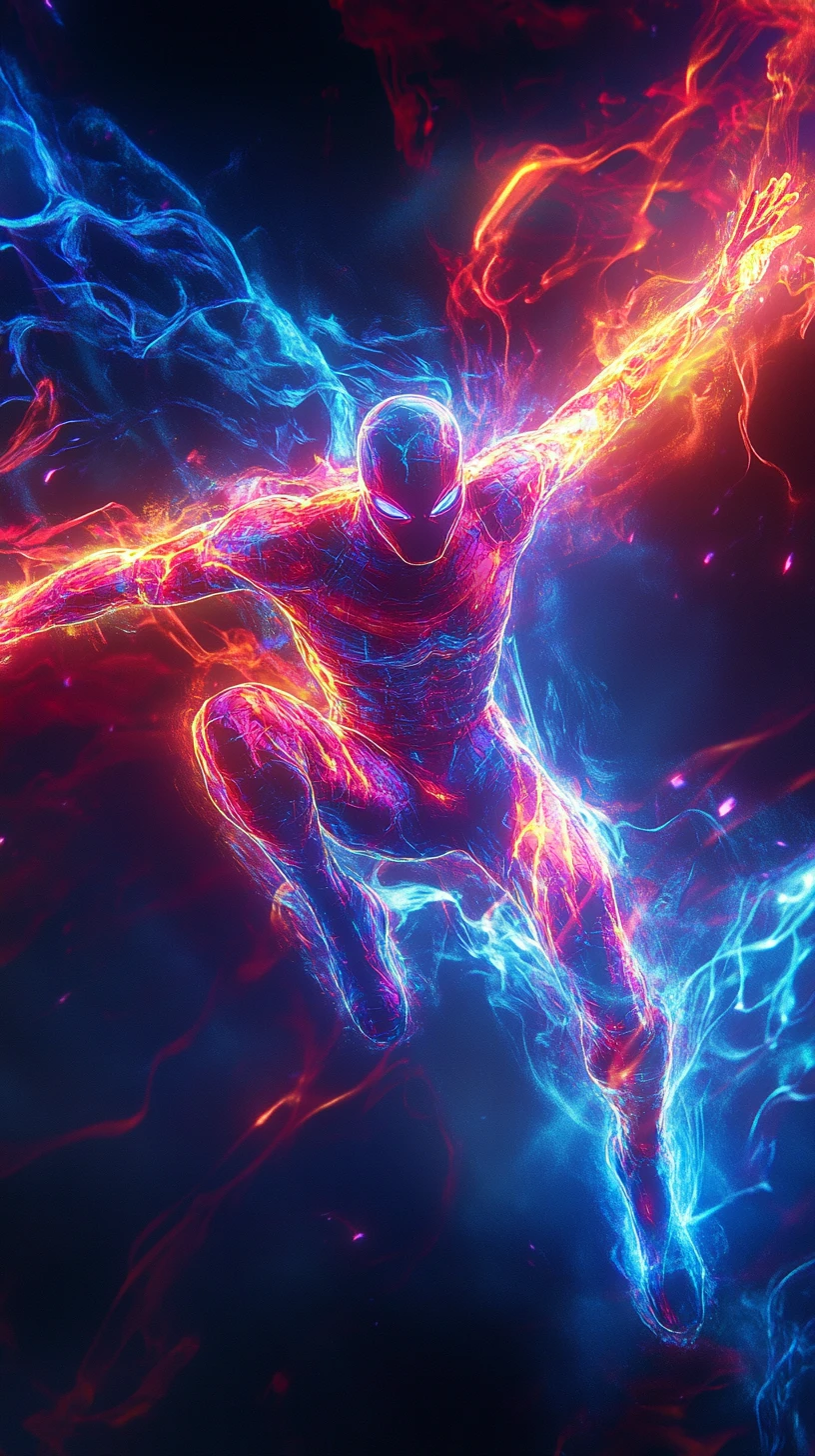 Neon superhero leaping through dark energy filled sky