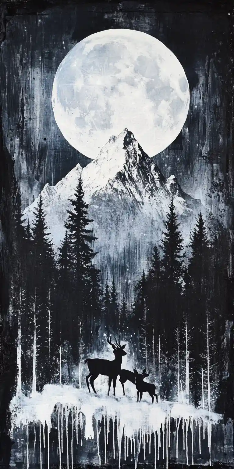 Surreale Hirschkuh und ihr Kitz unter einem leuchtenden Vollmond