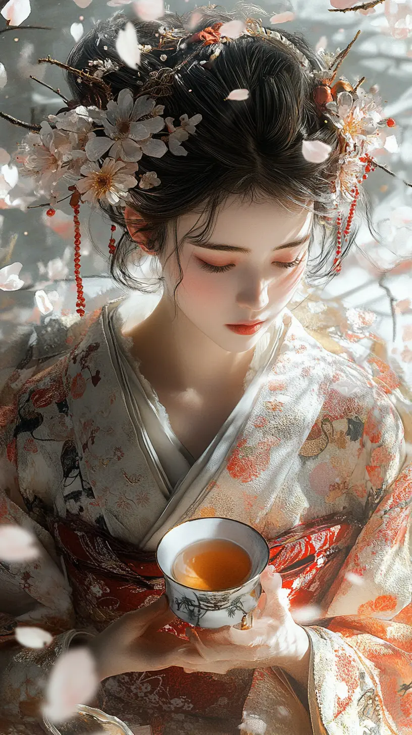 Giovane donna giapponese in kimono con petali di ciliegio che cadono