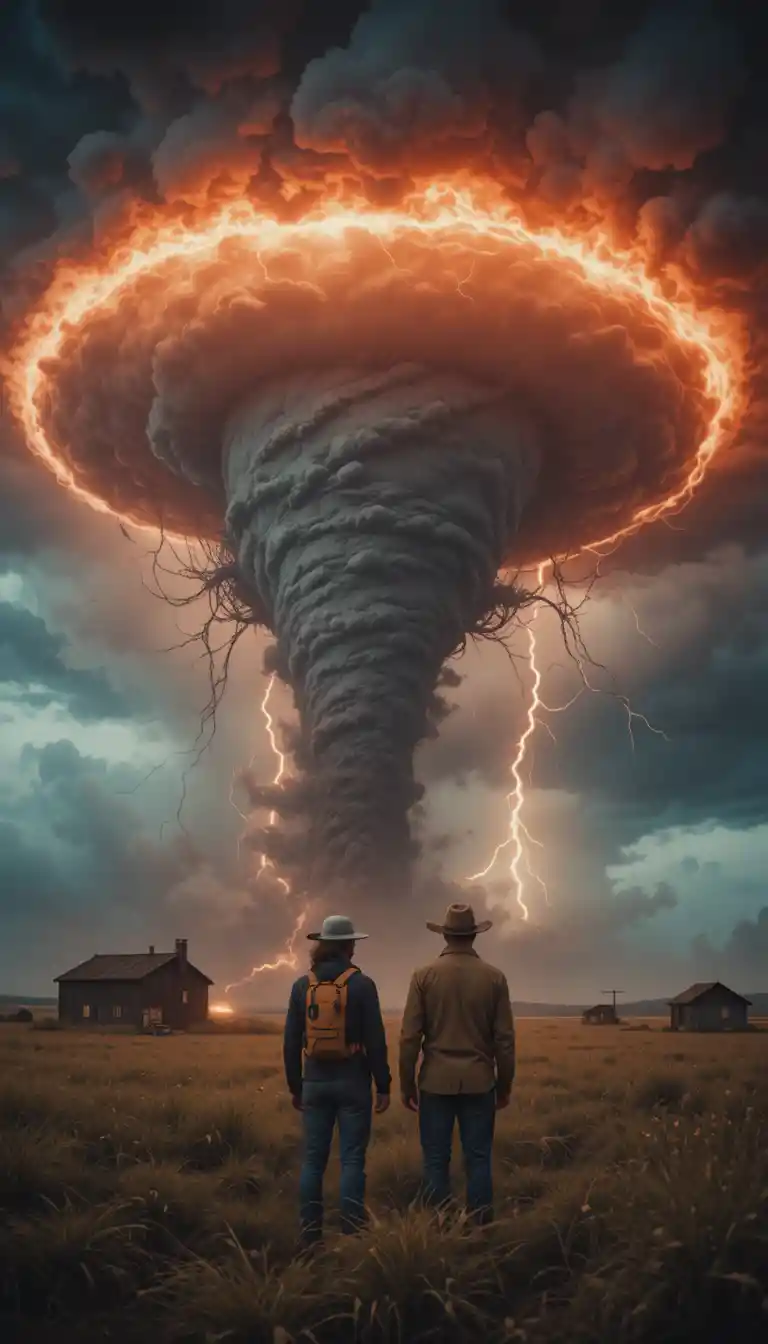 Sturmjäger-Paar steht einem gewaltigen Tornado in offener Landschaft gegenüber