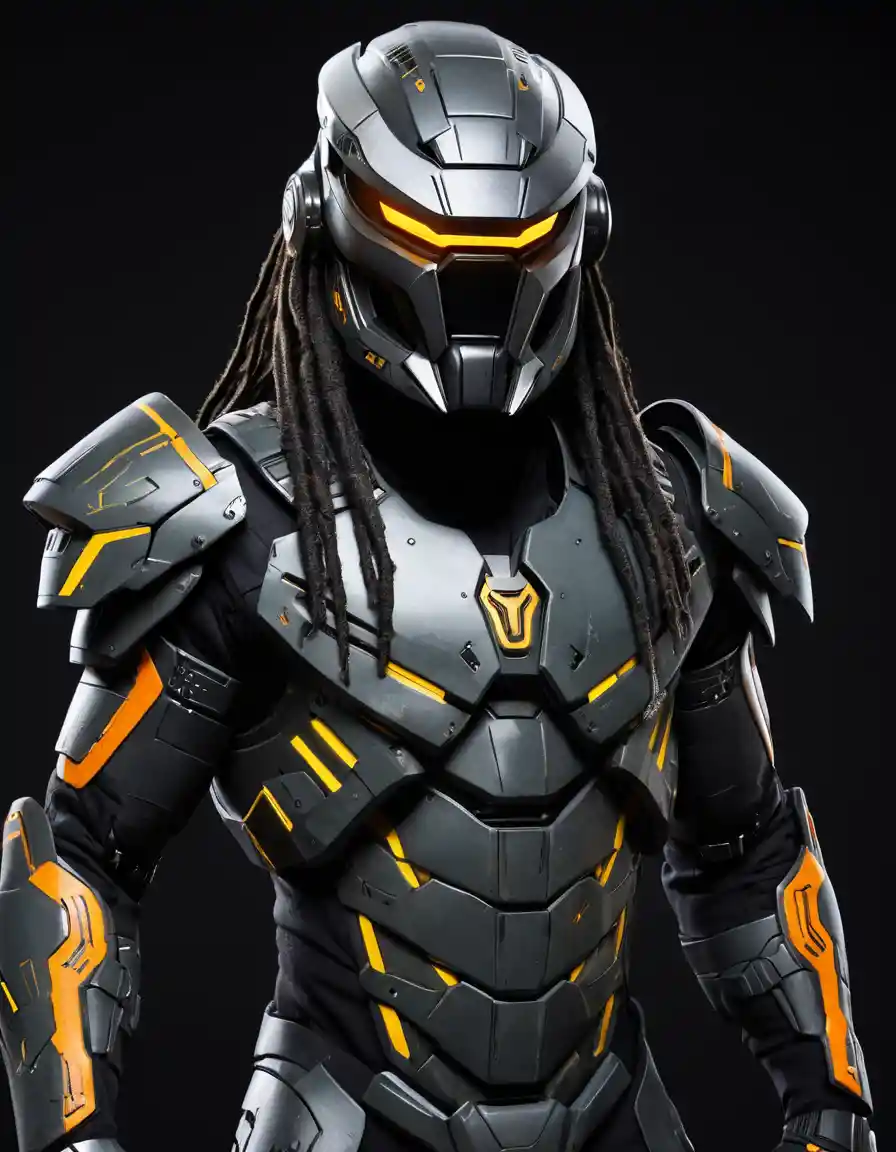 Soldat cybernétique en armure camouflage néon avec casque de prédateur
