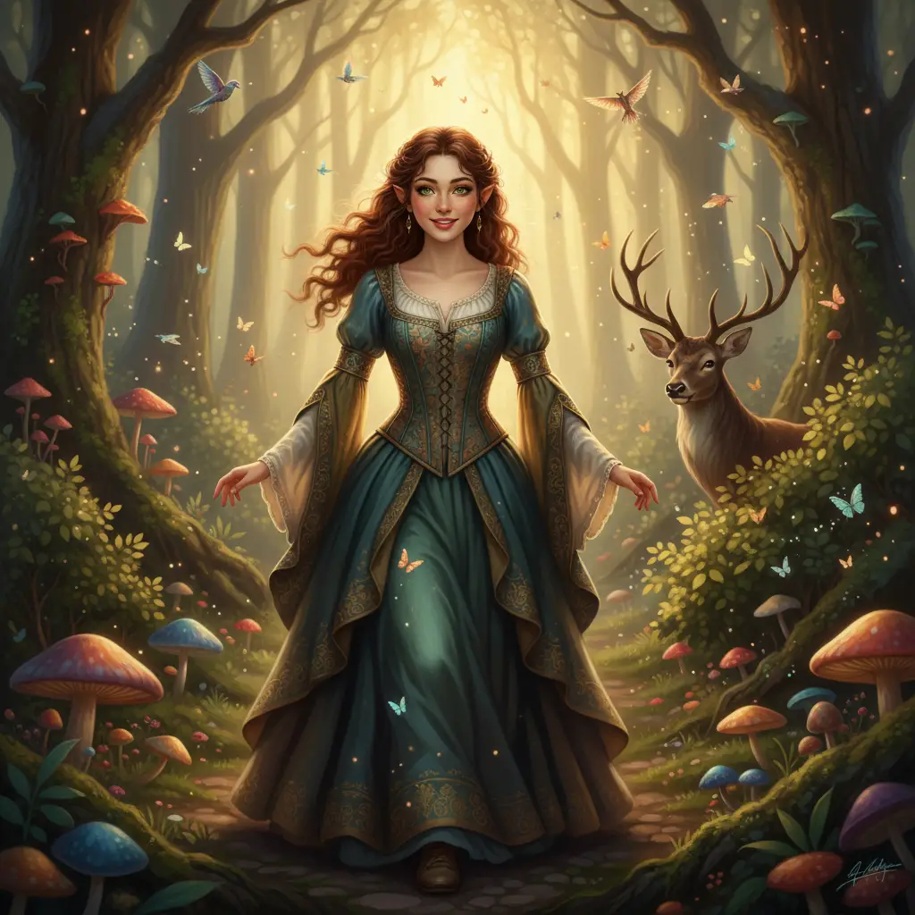 Elf eared girl in a patterned medieval dress walking