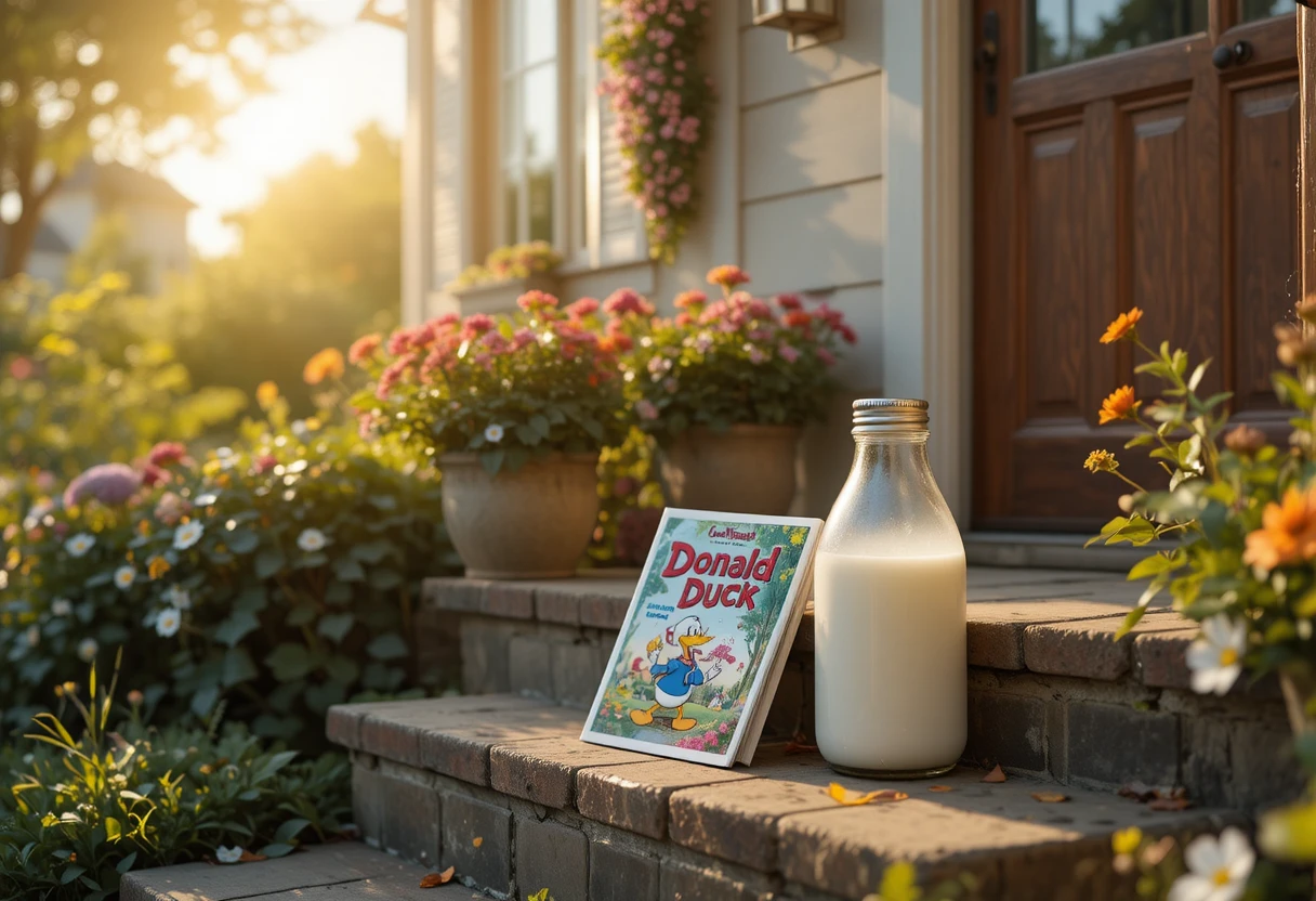 Vintage-Milchflasche und Magazin auf sonniger Gartentreppe