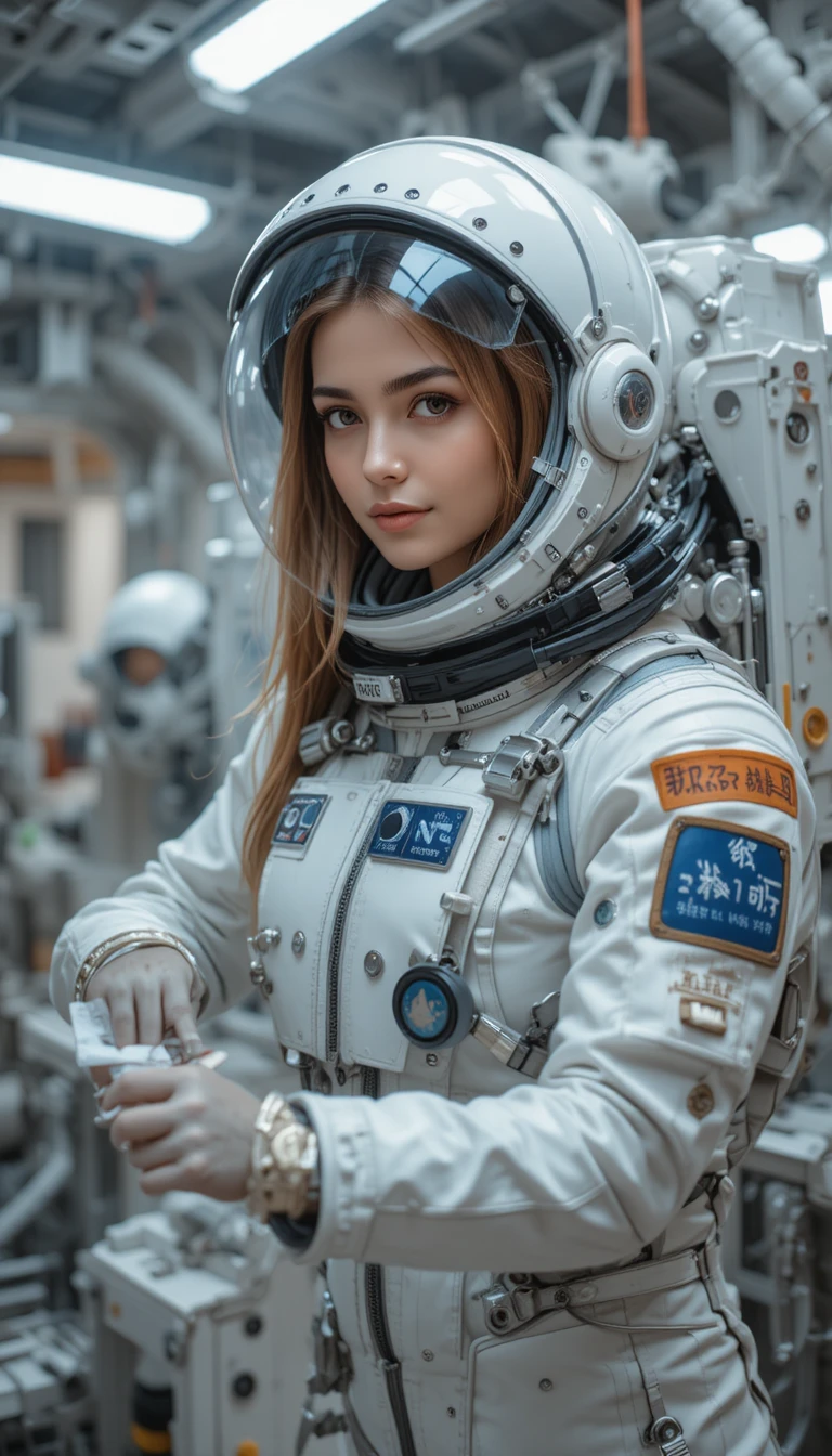 穿著太空服的年輕女子正在修理太空船