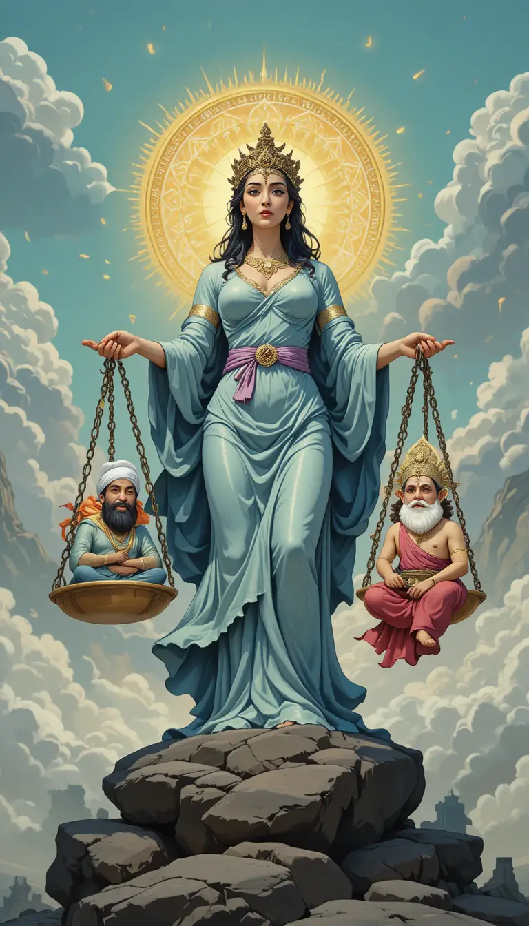 Deusa da Justiça pesando figuras religiosas em estilo cartoon na balança