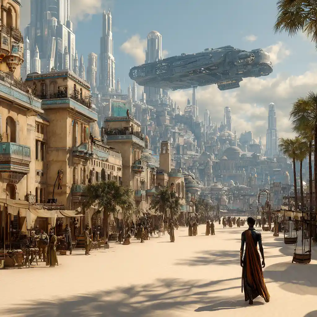 Glatzköpfiger Sci‑Fi‑Mann im Wüstencamp vor futuristischer Metropole