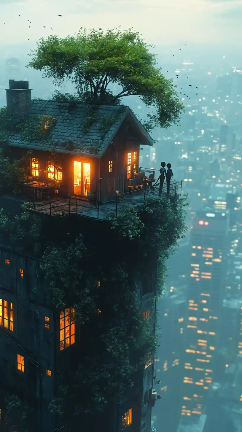 Rustic cottage atop skyscraper over foggy futuristic city