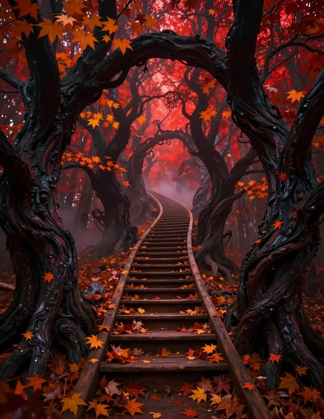 Spiralförmige Holztreppe, die in einen purpurroten Himmel aufsteigt