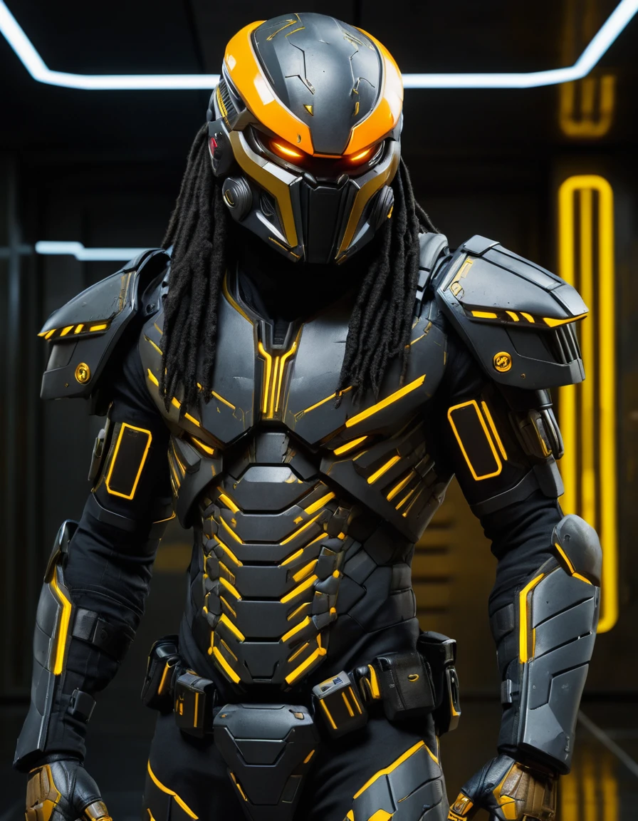 Soldado futurista com armadura de combate em estilo Tron neon