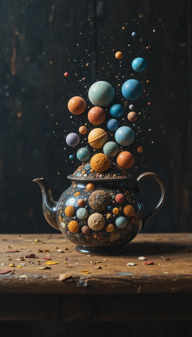 超現實茶壺與迷你行星遊行與星空