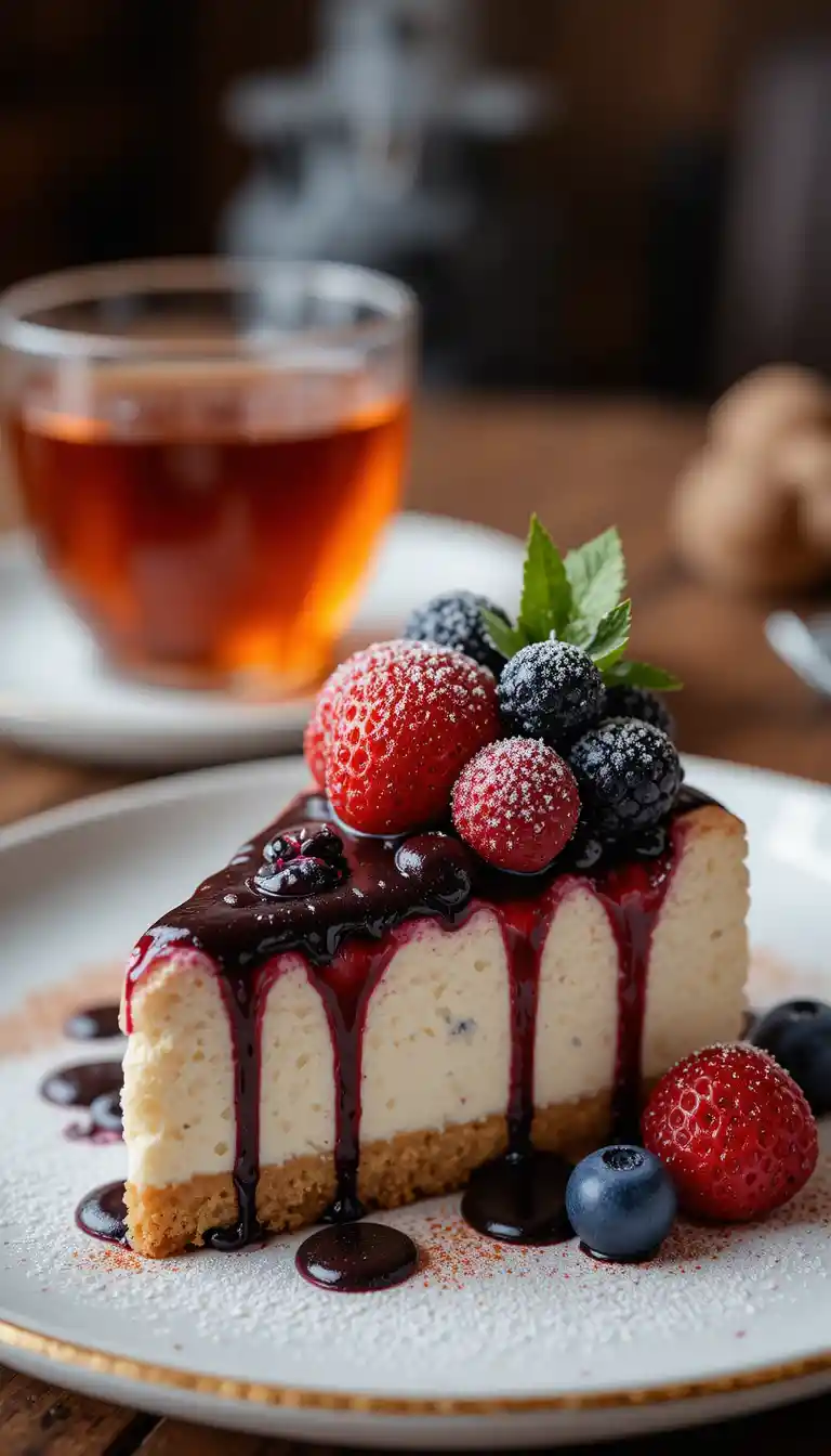 Close up of berry cheesecake dessert with herbal tea