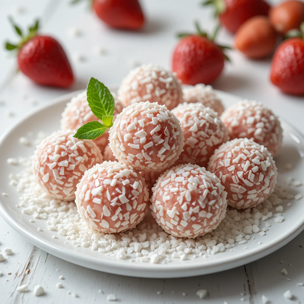 Close-up de bolas de doce de coco com morangos e hortelã