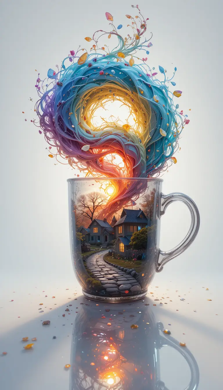Tazza fantasy con colori vorticosi e minuscoli cottage