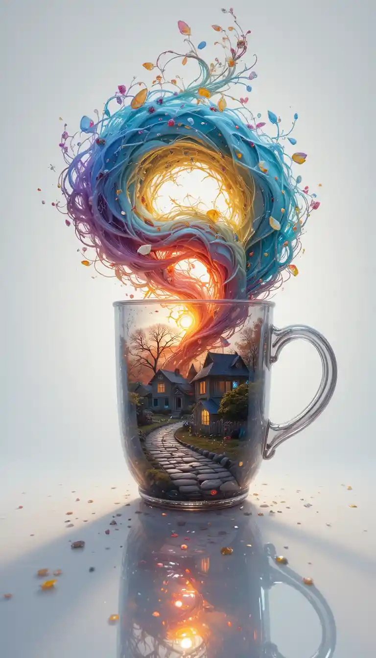 Fantasy cup with swirling colors and tiny cottages