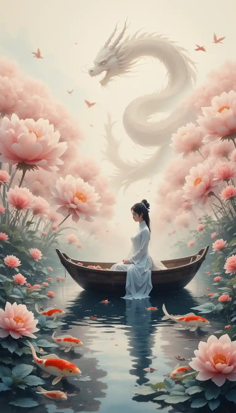Chinese princess in white hanfu on a boat among peony clouds