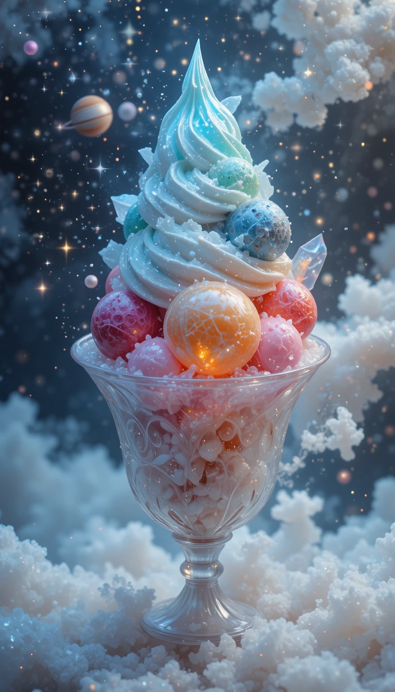 Palle di gelato cosmiche che fluttuano in un universo stellato