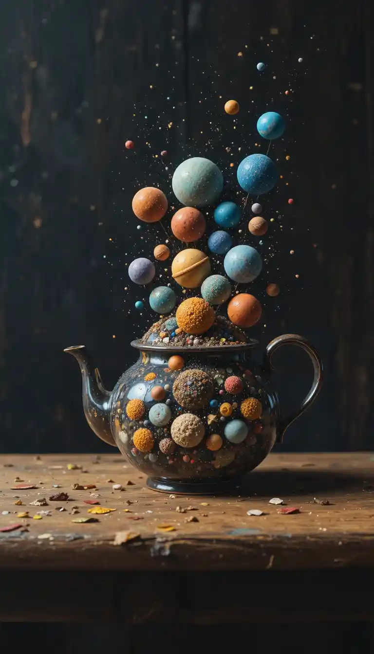 Surreal teapot with miniature planet parade and stars