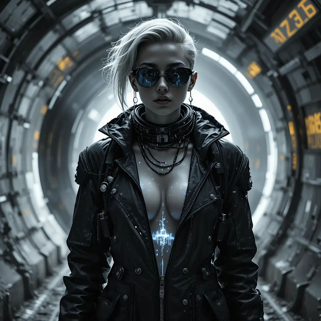 Donna cyberpunk in un pozzo di tunnel di manutenzione sotterraneo
