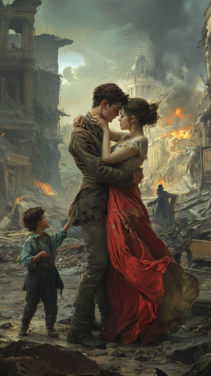 Young couple dancing a waltz in a ruined city