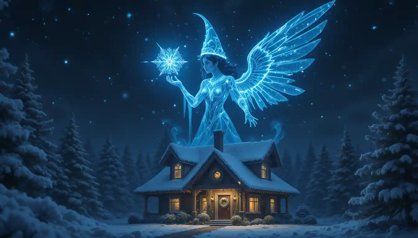 Glowing blue angel holding snowflake above winter home