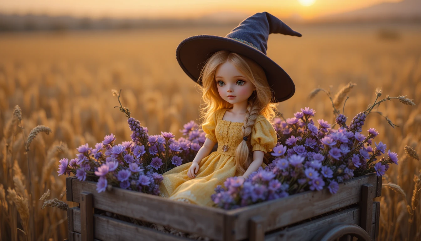Porcelain doll in cart with purple flowers at sunset