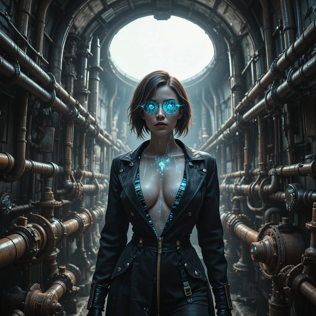 Donna cyber noir in camera industriale del tunnel