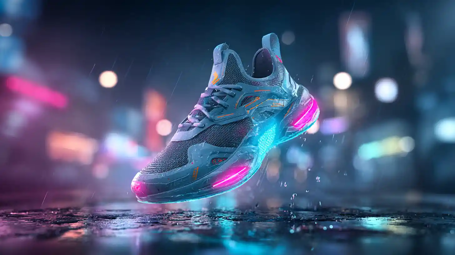 Sneaker cyberpunk futuristiche che fluttuano sopra una strada cittadina al neon