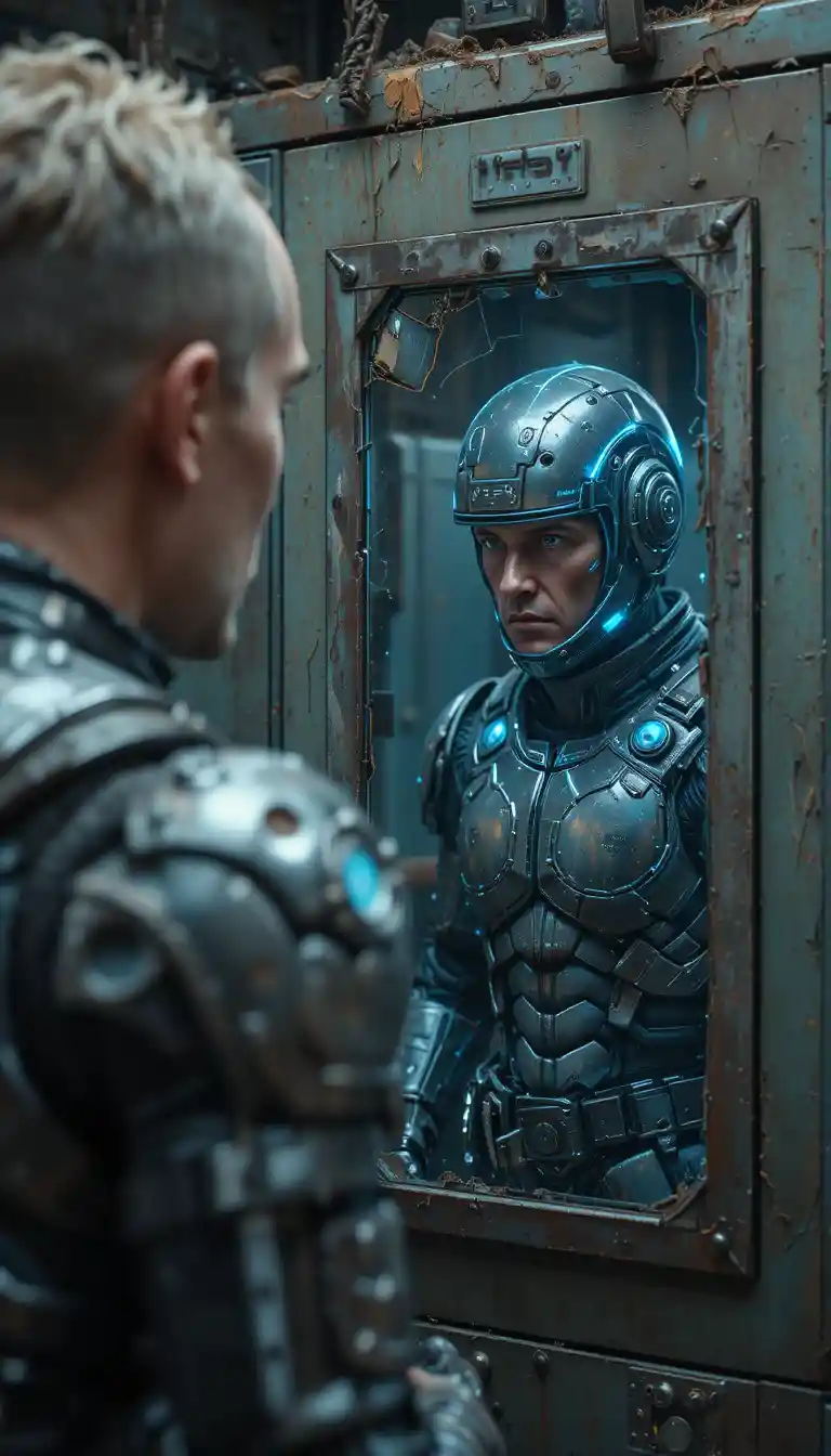 Worn sci fi soldier facing his flawless mirror reflection