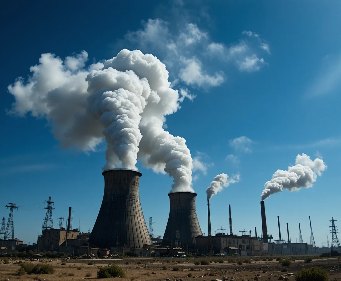 Cheminées industrielles polluant un désert stérile sous un ciel bleu