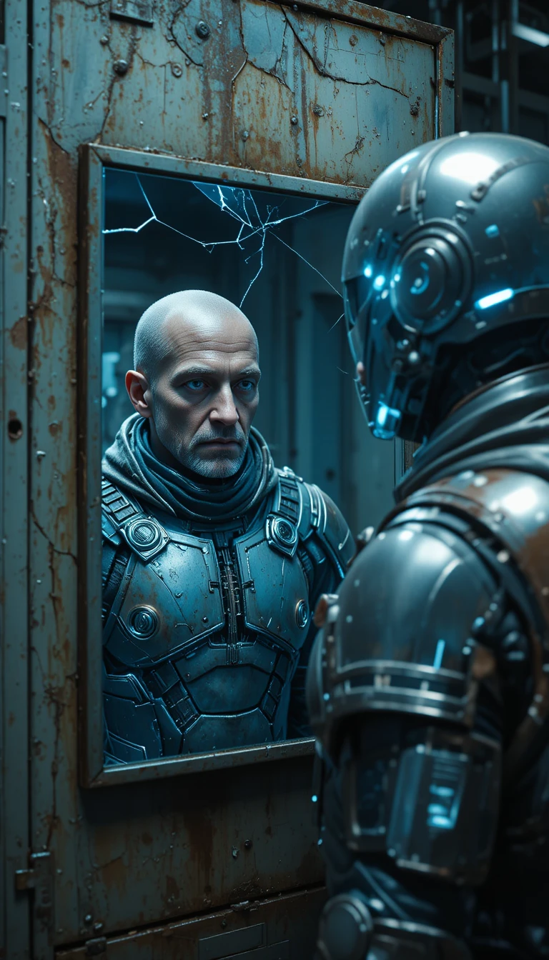 Worn sci fi soldier facing his flawless mirror reflection