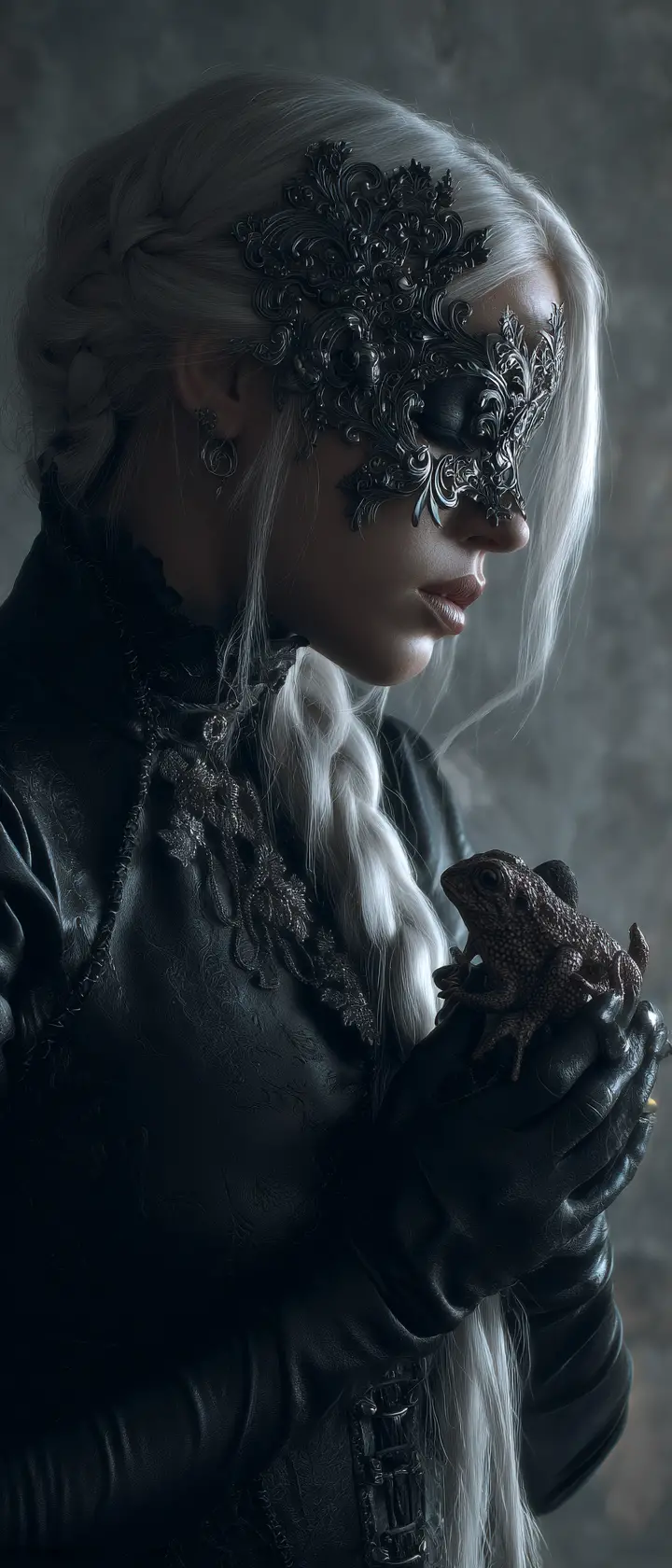 Donna dark fantasy con maschera e rospo meccanico