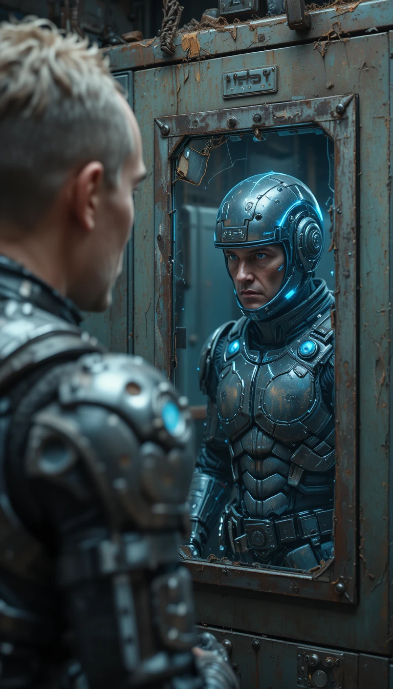 Worn sci fi soldier facing his flawless mirror reflection