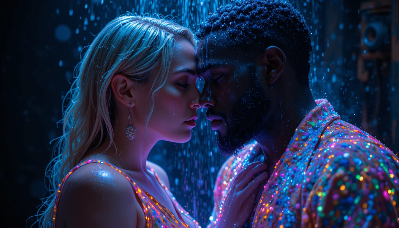 Femme blonde avec homme sous une douche au‑dessus d’une lave incandescente