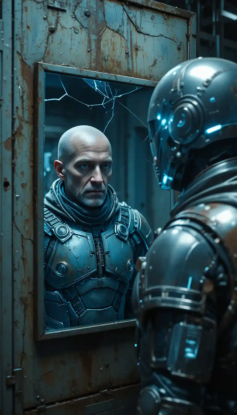 Worn sci fi soldier facing his flawless mirror reflection