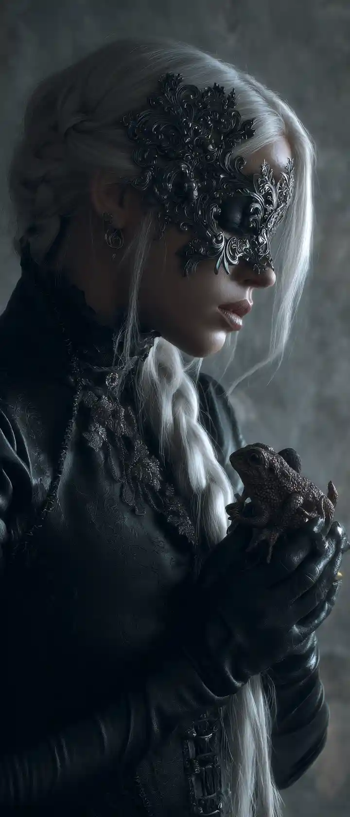 Donna dark fantasy con maschera e rospo meccanico