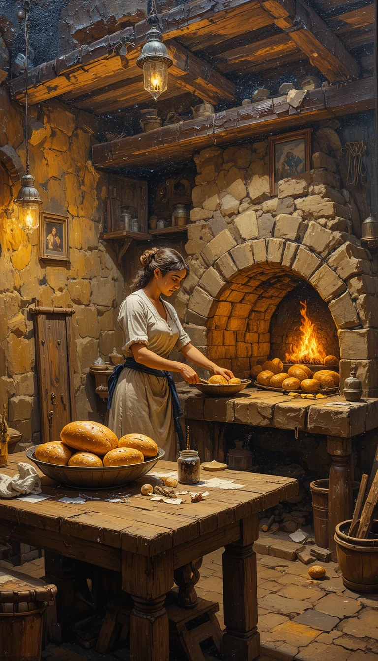 Woman baking bread by firelit rustic stone oven painting