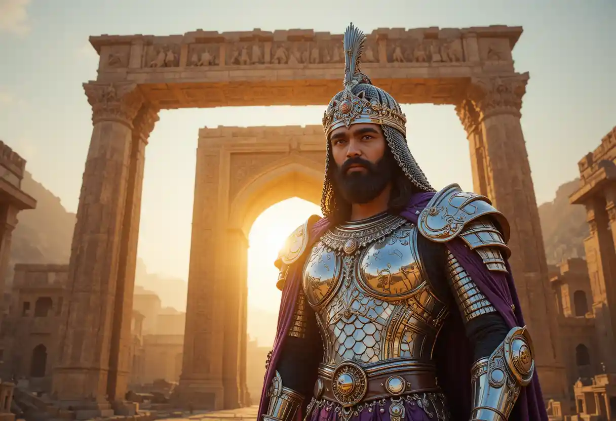 Persian warrior in silver armor beneath ancient stone arch