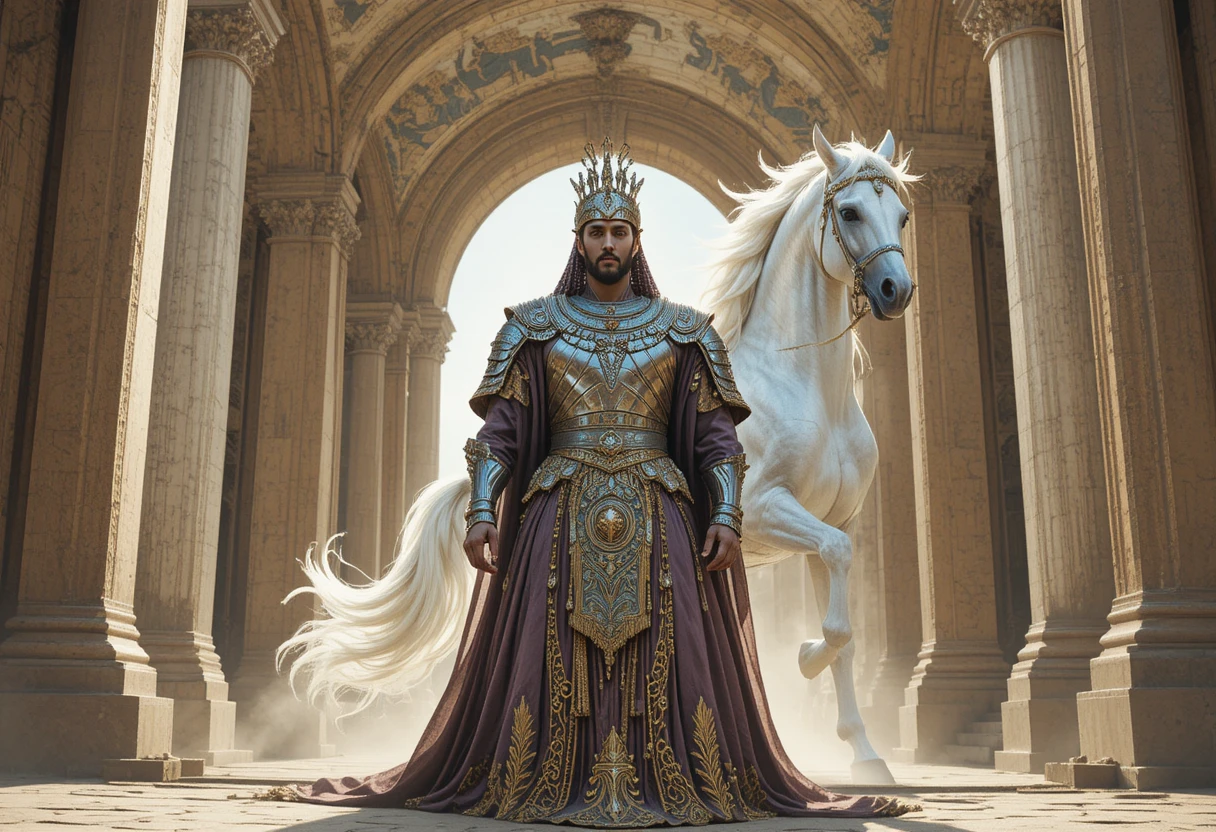 Persian noble warrior in armor beneath a grand arch