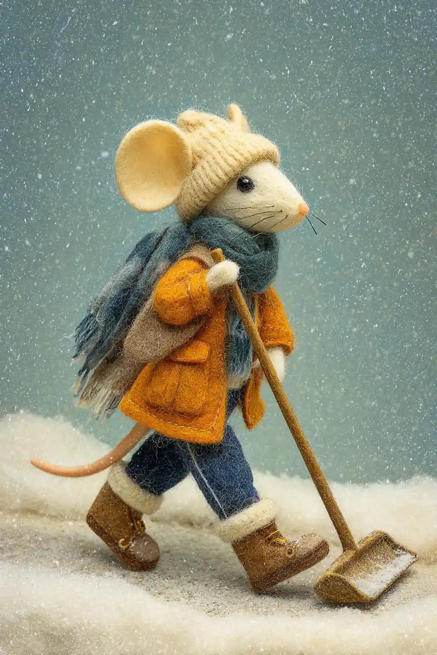 Souris anthropomorphique déblayant la neige dans une rue d’hiver