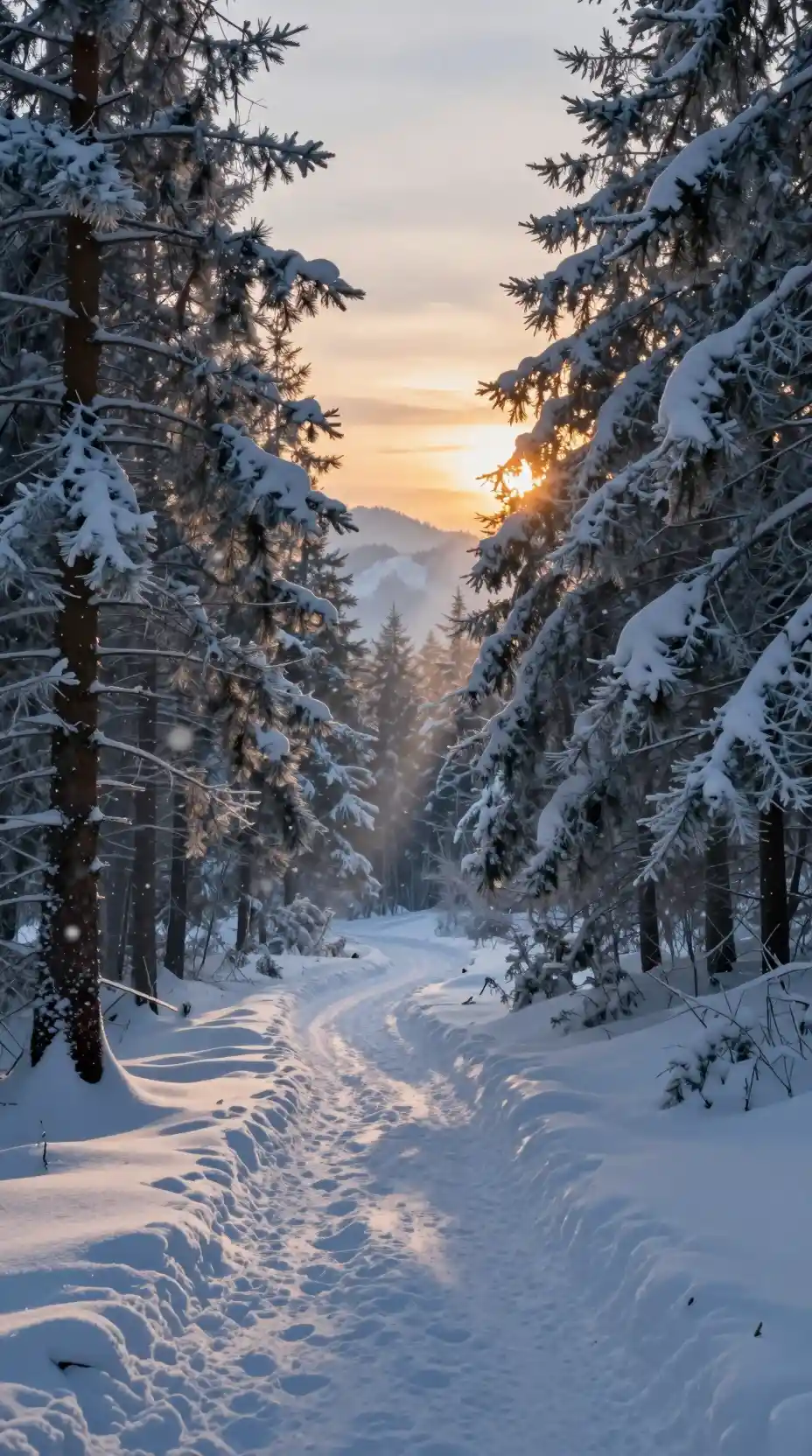 Senda nevada en el bosque al atardecer con suave luz dorada