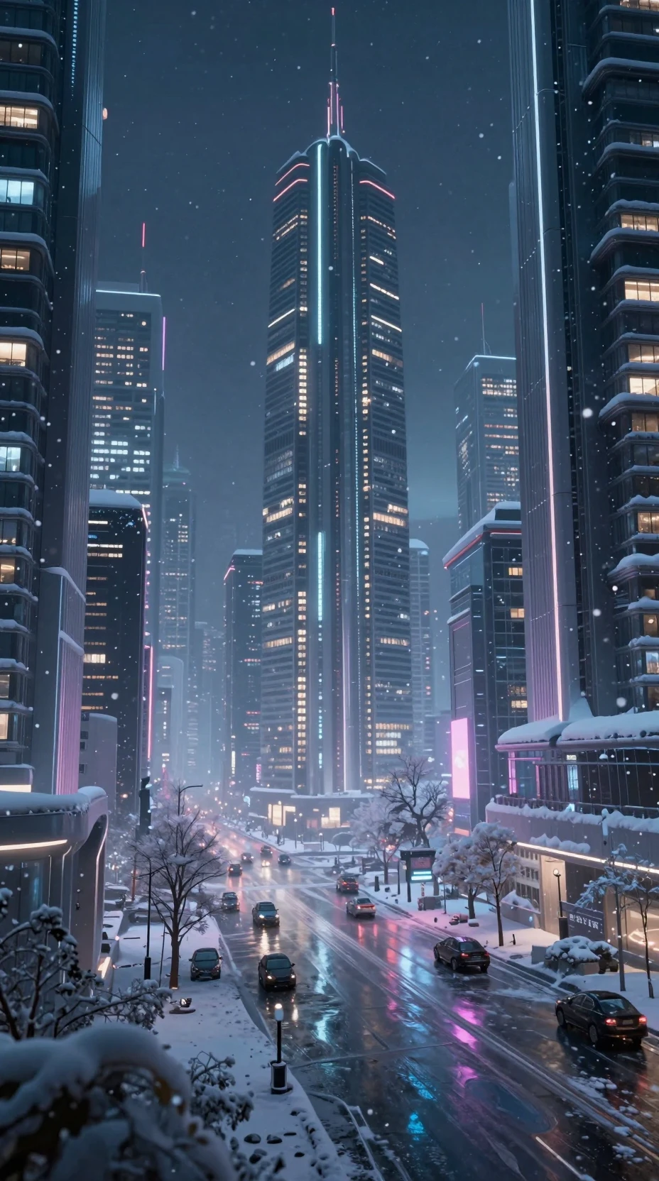 Rue de ville hivernale futuriste avec gratte-ciel éclairés au néon