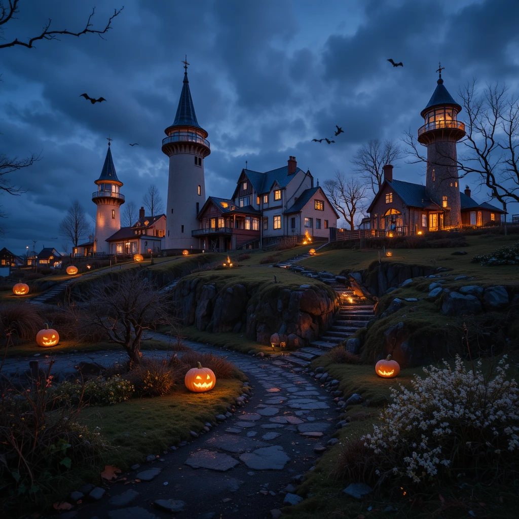 Halloween-Häuser leuchten in einer Straße in Island