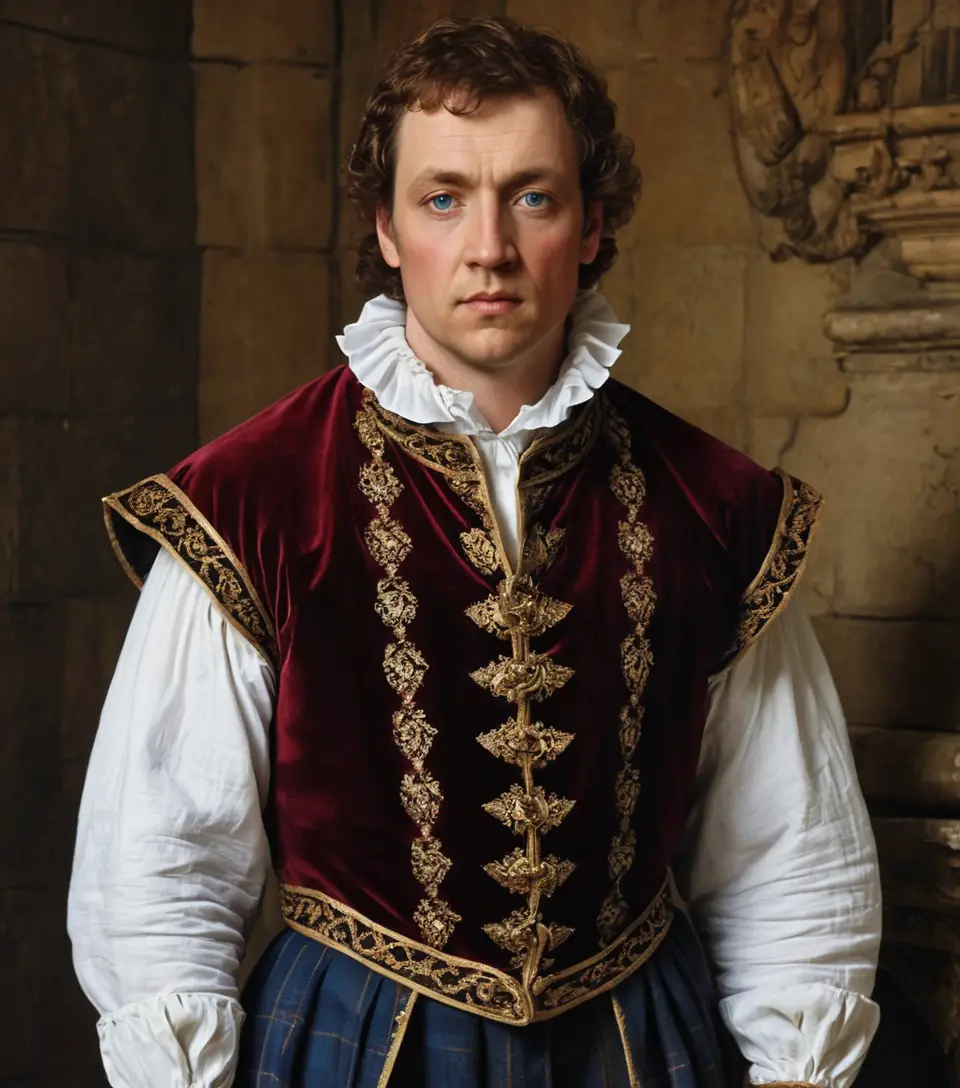 Retrato de noble escocés con lujoso atuendo renacentista burdeos