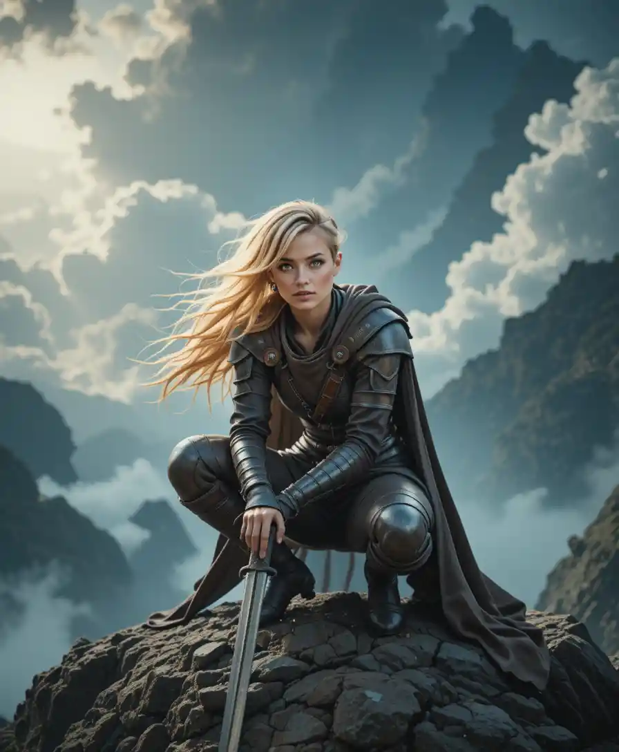 Blonde warrior crouching on a rocky cliff in stormy sky