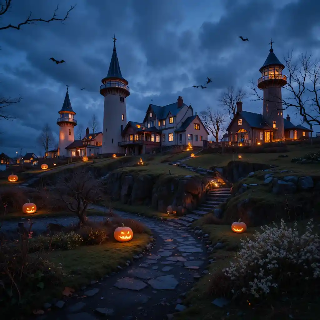 Halloween-Häuser leuchten in einer Straße in Island