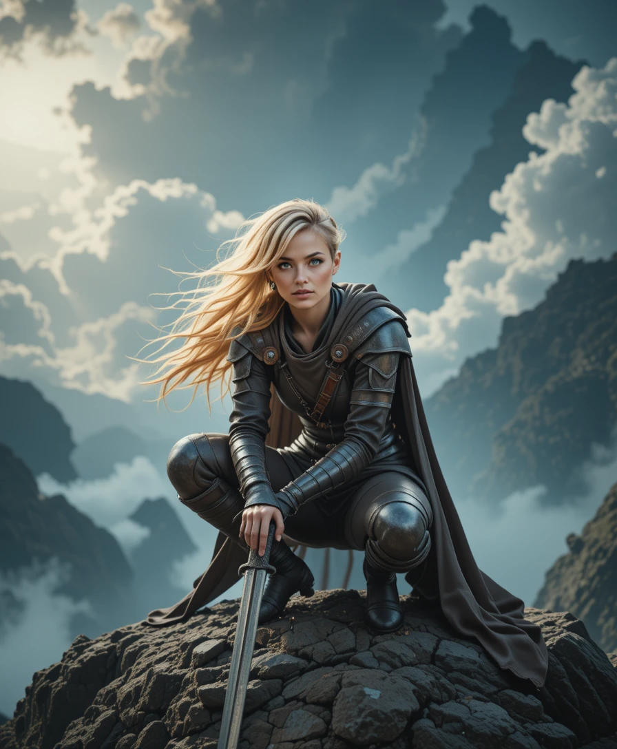 Blonde warrior crouching on a rocky cliff in stormy sky