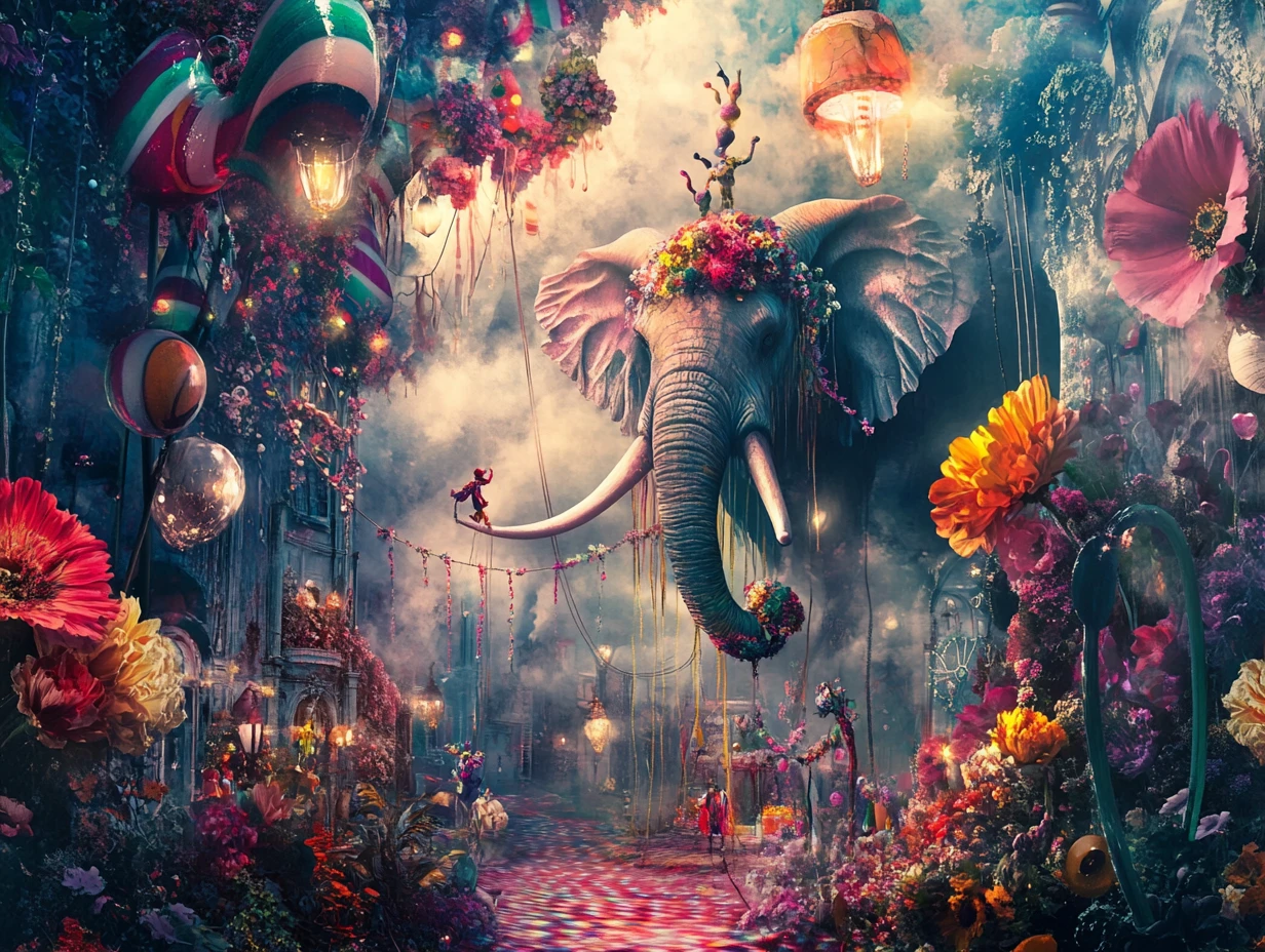 Drahtseilläufer im surrealen Zirkus unter einem riesigen Blumentepp